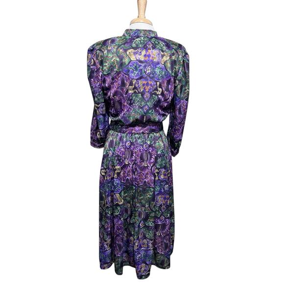 VTG USA Tabby of California Purple Green Abstract Floral Satin Midi Dress 14 - Picture 7 of 9